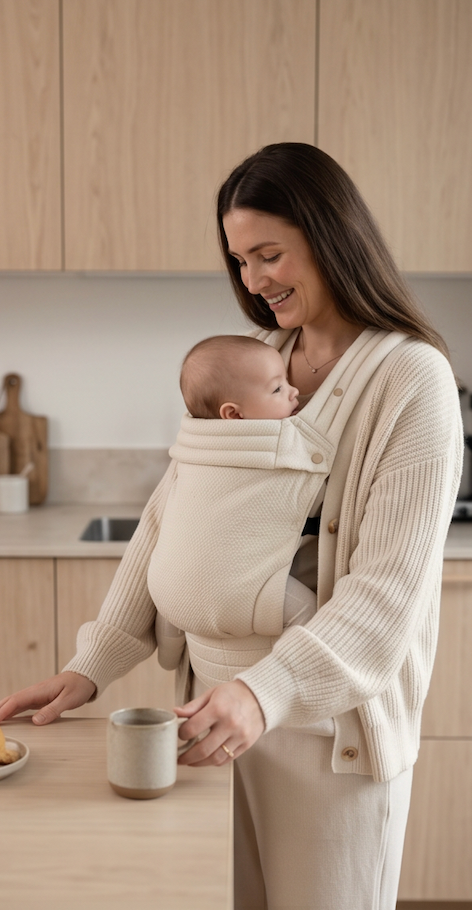 Mother walking outdoors with baby carrier